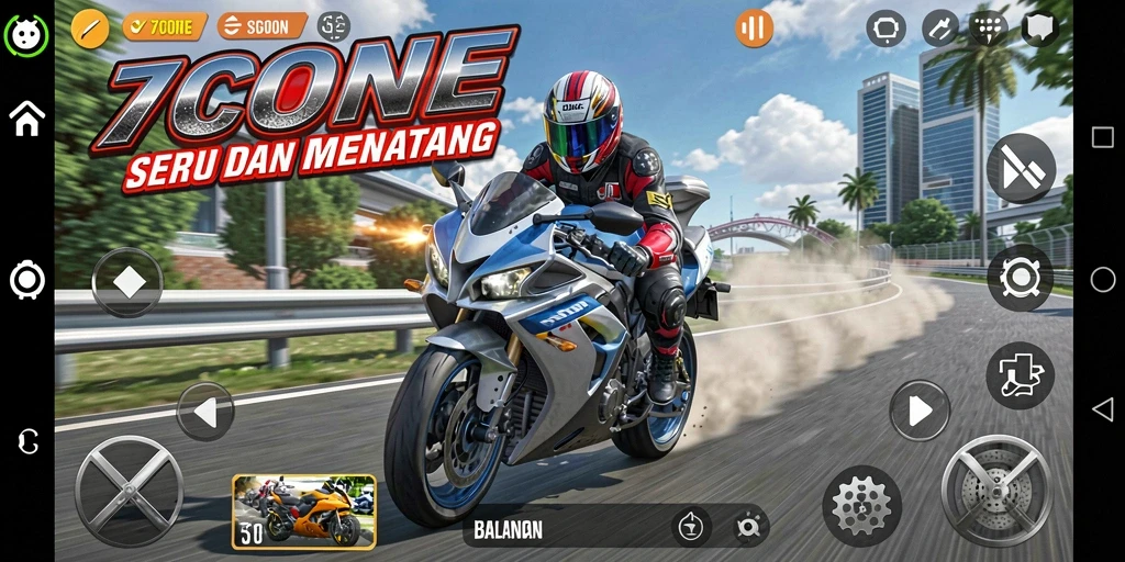 Gameplay seru di 7CONE saat balapan motor.