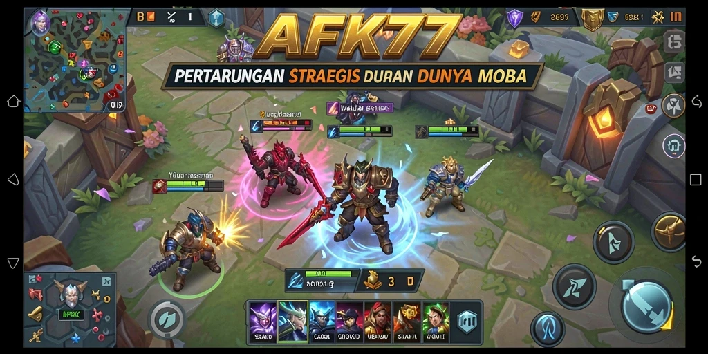 Gameplay menyerang dan strategi dari AFK77 dalam pertarungan MOBA.