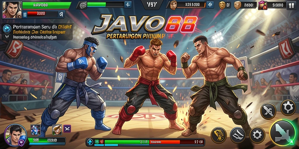 Screenshot permainan JAVO88 menunjukkan aksi pertarungan yang dramatis.