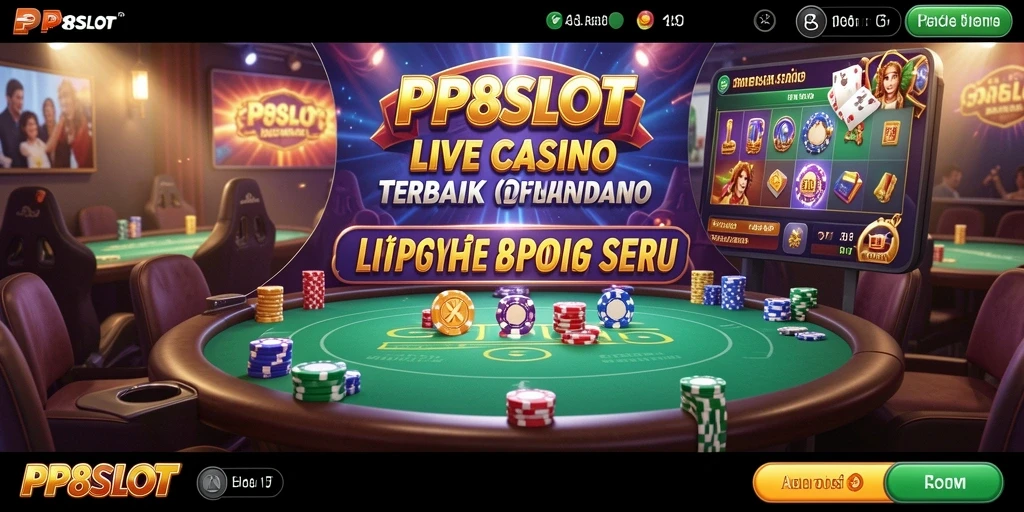 Screenshot PP8SLOT menampilkan dealer dan pemain dalam sesi permainan Live Casino yang menegangkan.