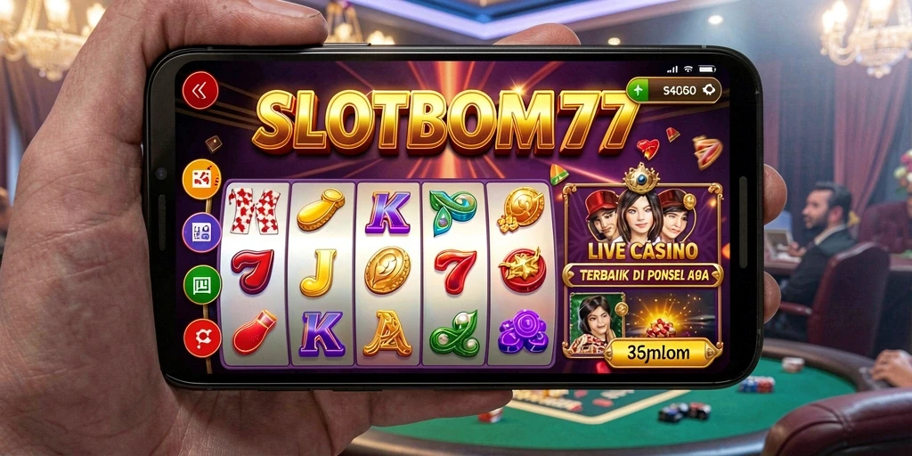 Screenshot gameplay SLOTBOM77 menampilkan dealer dan pemain dalam suasana live casino.