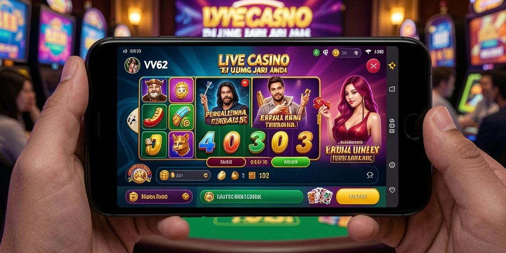 Tampilan screenshot VV62 menampilkan dealer langsung dalam permainan Live Casino.